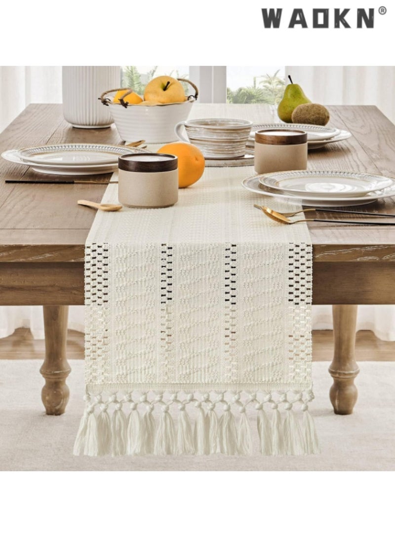 WAOKN Cream Colored Table Runner with Knotted Tassels, Elegant Table Scarf for Dining Tables, Adds a Luxurious Touch to Your Home Decor, Ideal for Everyday Use and Special Occasions,30*183 cm - Image 2