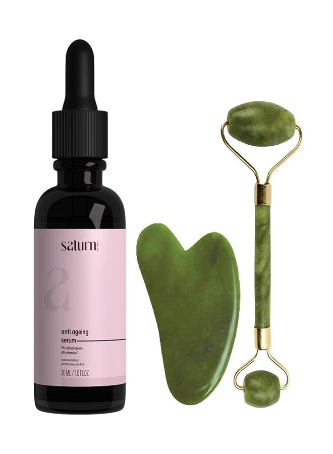 Saturn by GHC Skin Care for Anti Aging Serum with 1% Retinol Face Serum 30ml | Facial Massager Jade Roller & Gua Sha Tool Natural Himalayan Stone | Night Face Serum With Vitamin - Image 1