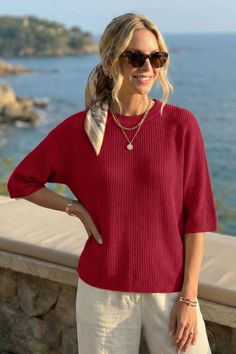 Arach&Cloz 2026 Women's Cotton Spring Summer Crochet Tops Crew Neck 3/4 Half Drop Short Sleeve Hollow Out Oversized Resort Wear Sweater Casual Vacation Outfits Fashion Trendy Shirts Red S - Image 4