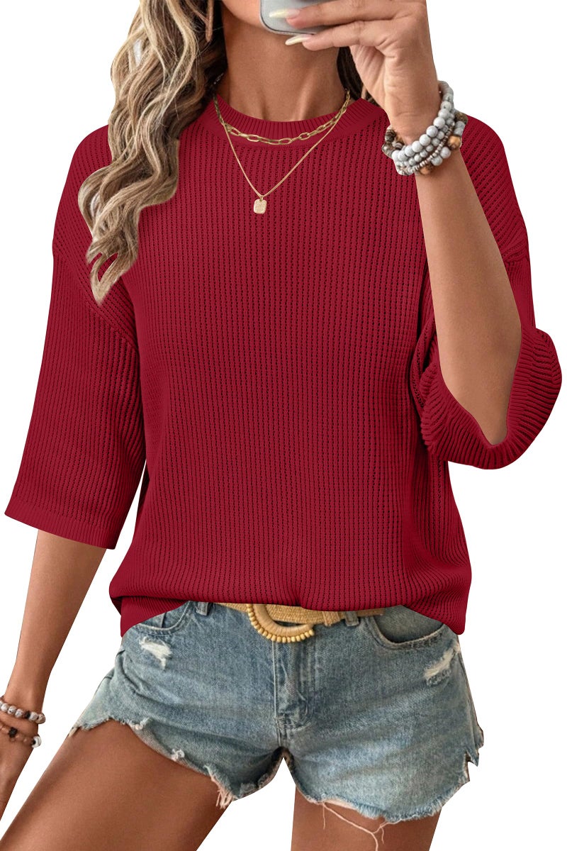 Arach&Cloz 2026 Women's Cotton Spring Summer Crochet Tops Crew Neck 3/4 Half Drop Short Sleeve Hollow Out Oversized Resort Wear Sweater Casual Vacation Outfits Fashion Trendy Shirts Red S - Image 1