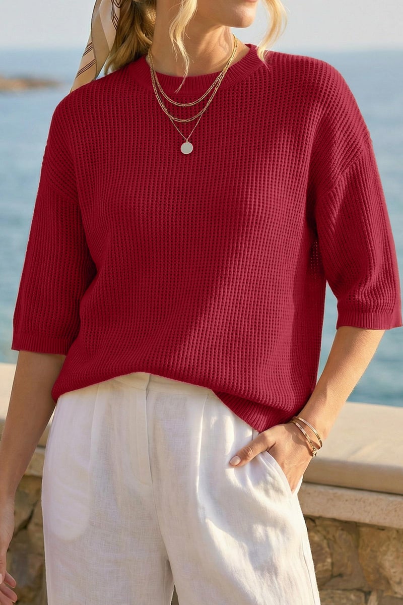 Arach&Cloz 2026 Women's Cotton Spring Summer Crochet Tops Crew Neck 3/4 Half Drop Short Sleeve Hollow Out Oversized Resort Wear Sweater Casual Vacation Outfits Fashion Trendy Shirts Red S - Image 2