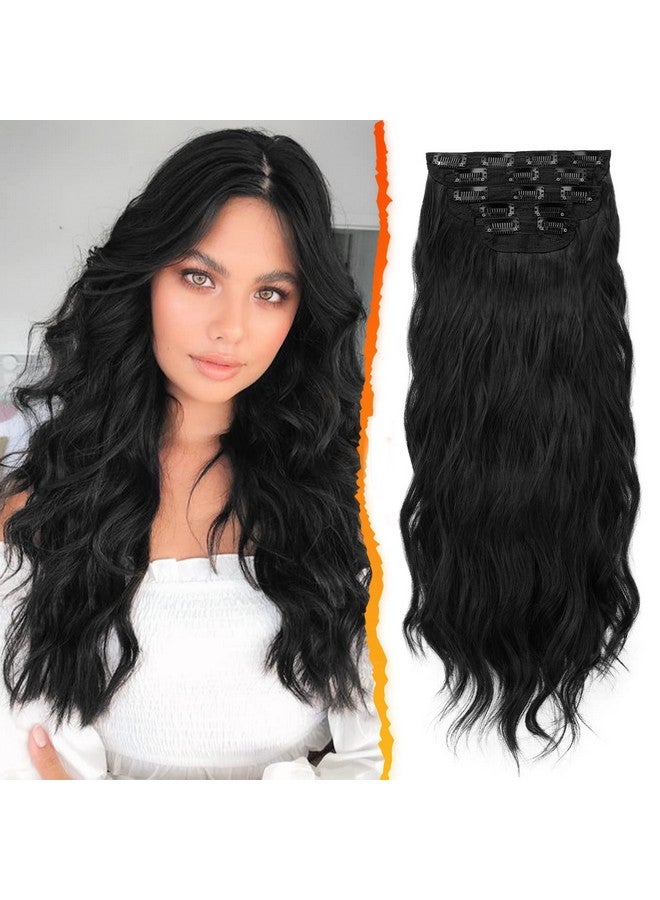 BARSDAR Black Clip in Hair Extensions - 18 Inch Wavy Clip in Hair Extensions for Women - 5PCs Thick Soft Synthetic Hairpieces Clip ins Daily Party Halloween - Natural Black - Image 1