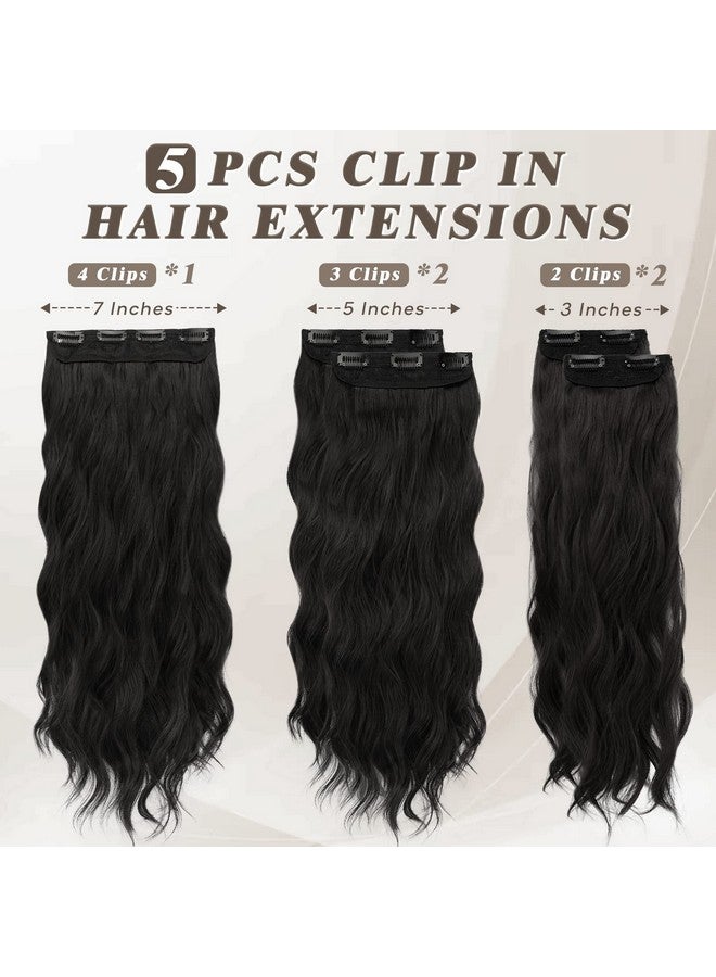 BARSDAR Black Clip in Hair Extensions - 18 Inch Wavy Clip in Hair Extensions for Women - 5PCs Thick Soft Synthetic Hairpieces Clip ins Daily Party Halloween - Natural Black - Image 2