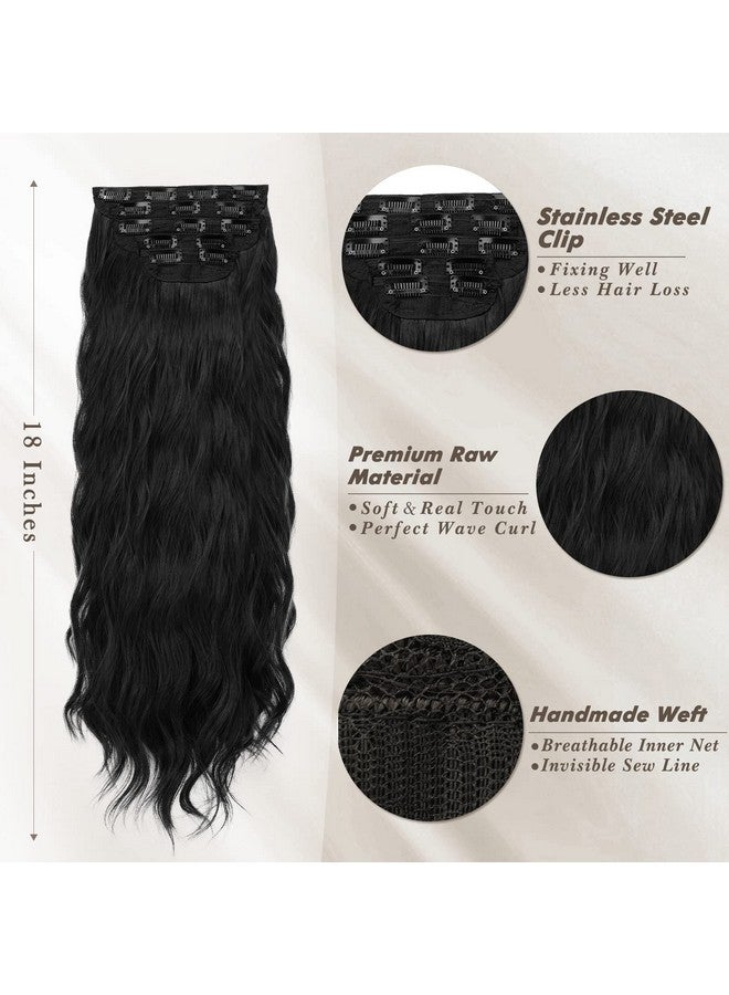 BARSDAR Black Clip in Hair Extensions - 18 Inch Wavy Clip in Hair Extensions for Women - 5PCs Thick Soft Synthetic Hairpieces Clip ins Daily Party Halloween - Natural Black - Image 3
