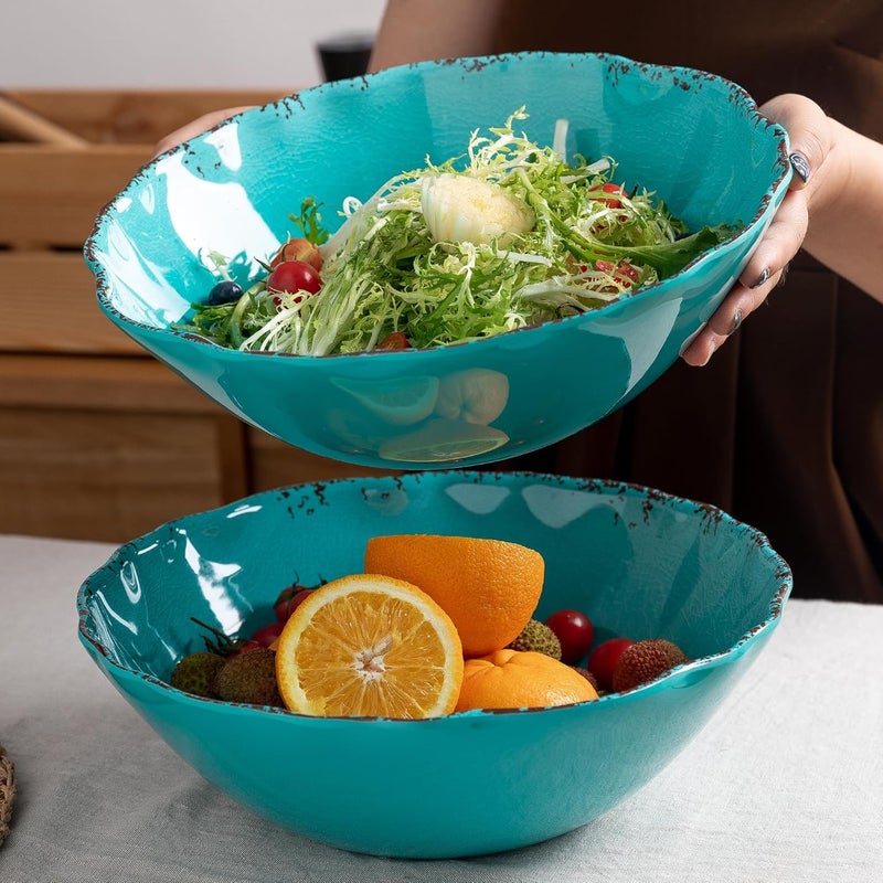 LEHAHA Vintage Melamine Salad Bowls Set 2 pieces 130 OZ Large Pasta Bowls and Mixing Bowls 12 inches Chip resistant Large Serving Bowls for Entertaining Dishwasher Safe Teal - Image 3