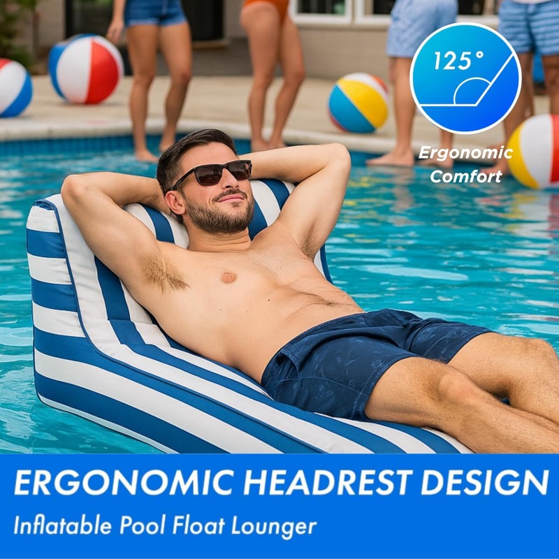 Gute Upholstered Stylish Pool Float Lounger Recliner, Large Floating Chair & Backrest, Heavy Duty Lake, Beach - Premium Comfortable Tube, Durable Water Floaty Tanning Relaxation LoungeFloat - Blue Stripped - Image 5