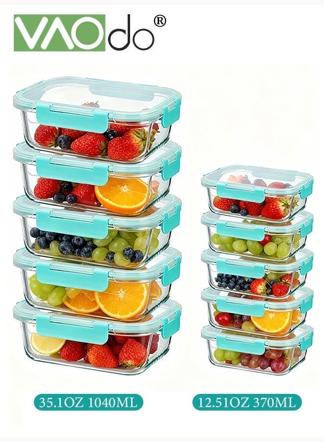 فاو دو 20 قطعة من حاويات تخزين الطعام الزجاجية مع أغطية، حاويات زجاجية لإعداد الوجبات، صناديق غداء زجاجية محكمة الغلق، آمنة للاستخدام في الميكروويف والفريزر وغسالة الأطباق والفرن، مانعة للتسرب وخالية من مادة BPA، خضراء 1040 مل و370 مل - Image 1