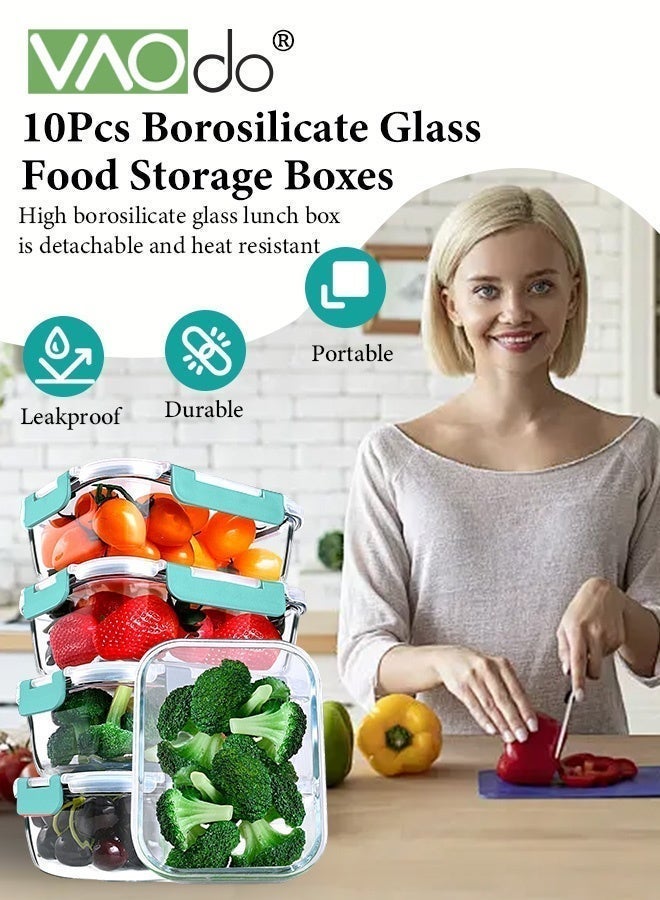 فاو دو 20 قطعة من حاويات تخزين الطعام الزجاجية مع أغطية، حاويات زجاجية لإعداد الوجبات، صناديق غداء زجاجية محكمة الغلق، آمنة للاستخدام في الميكروويف والفريزر وغسالة الأطباق والفرن، مانعة للتسرب وخالية من مادة BPA، خضراء 1040 مل و370 مل - Image 2