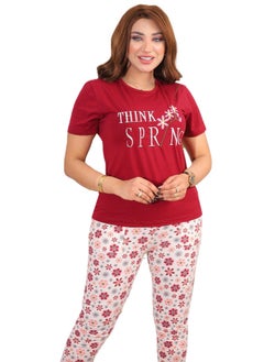 Star Tex Women's Cotton Home Summer Pajama Set Unique Design Simple Embroidery with Attractive Plaid Pants 2 Piece Set  - Image 1
