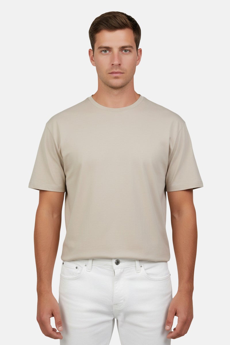 Fudo Men Crew Neck Short Sleeve Solid T-Shirt, Beige - Image 1
