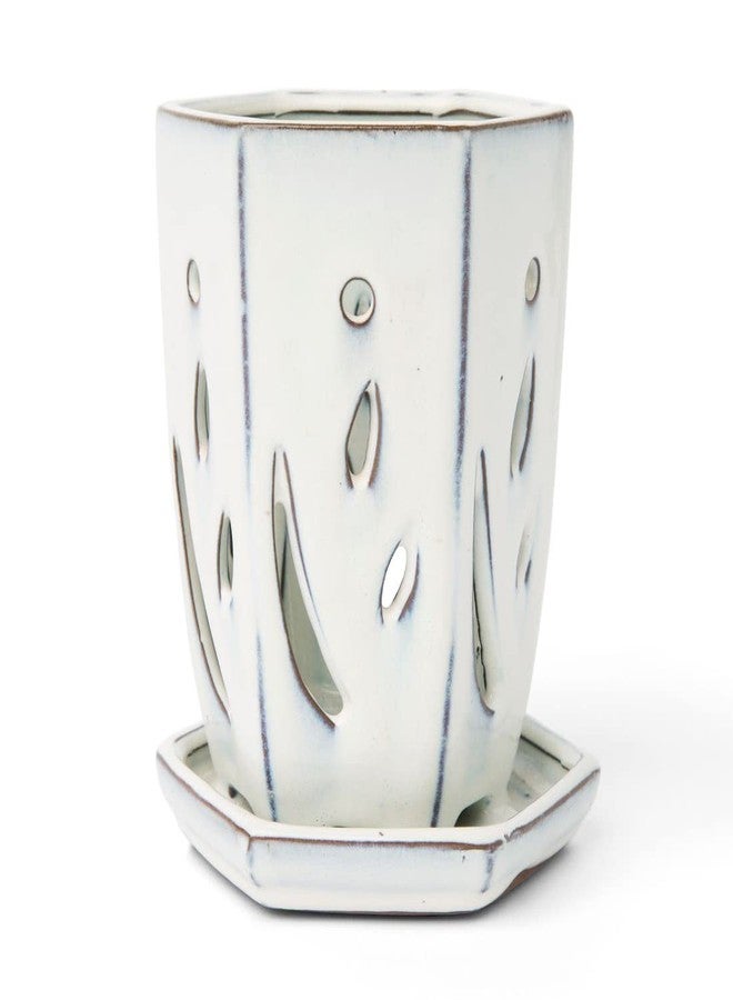 rePotme 4 x 6 inch Ceramic Orchid Pot (White Diamond) - Hexagon Orchid Pot with Holes - Image 2