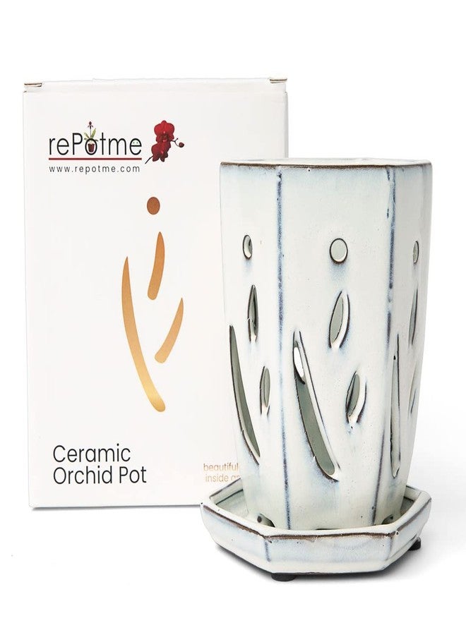 rePotme 4 x 6 inch Ceramic Orchid Pot (White Diamond) - Hexagon Orchid Pot with Holes - Image 1