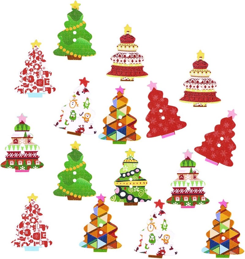 klarako Wooden Christmas Tree Buttons with 2 Hole Perfect for Decor 100pcs (Random Color) - Image 1