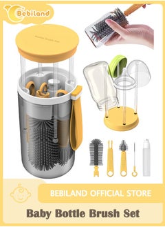 Bebiland Baby Bottle Brush Set with Extendable Silicone Bottle Brush, Pacifier Brush, Drying Rack, Straw Cleaner Brush, Soap Dispenser, Suitable for Home, Travel, and Family Visits, Yellow  - Image 1