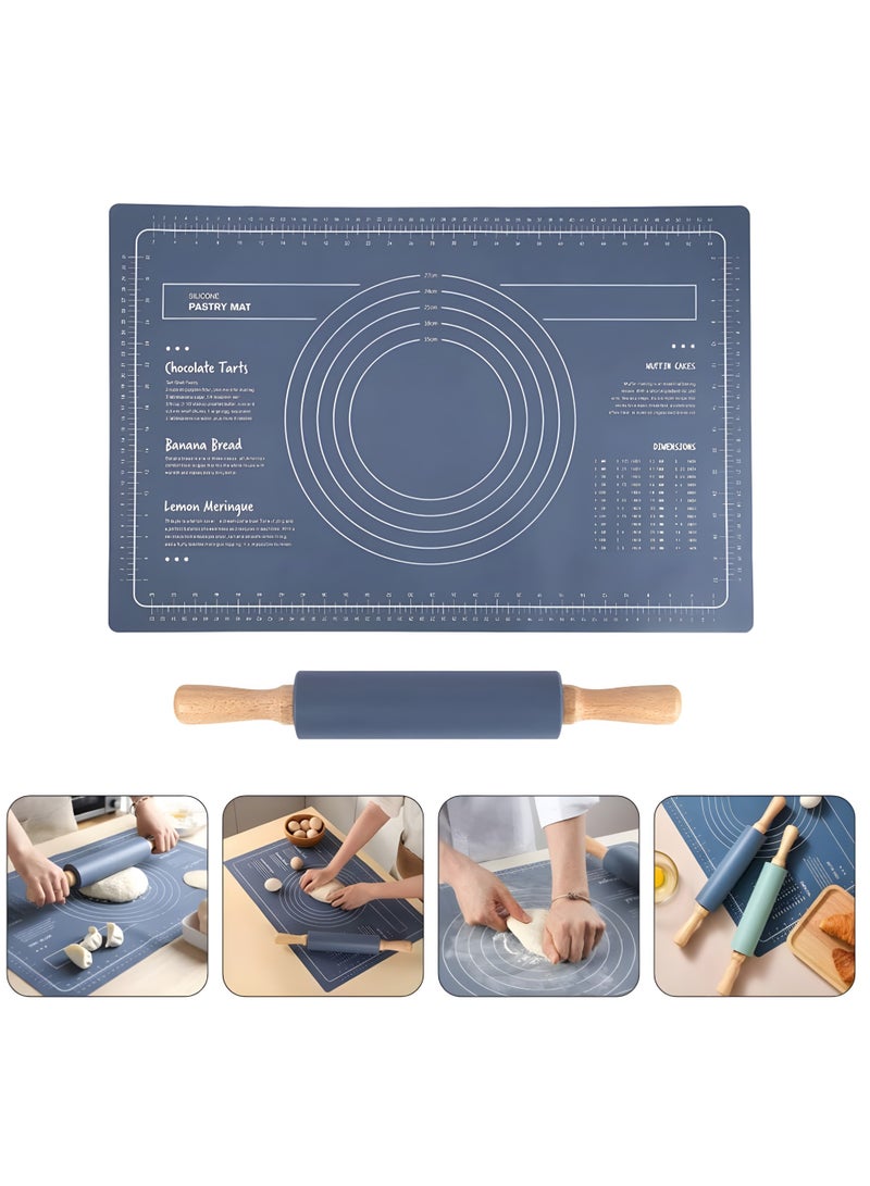 2 Pcs Silicone Baking Mat Set, Nonstick Bakeware Mats with Rolling Pin, Food Grade Silicone Dough Rolling Mat For Making Cookies, Dough Roller With Countertop Mat, 40*60 CM Blue  - Image 1