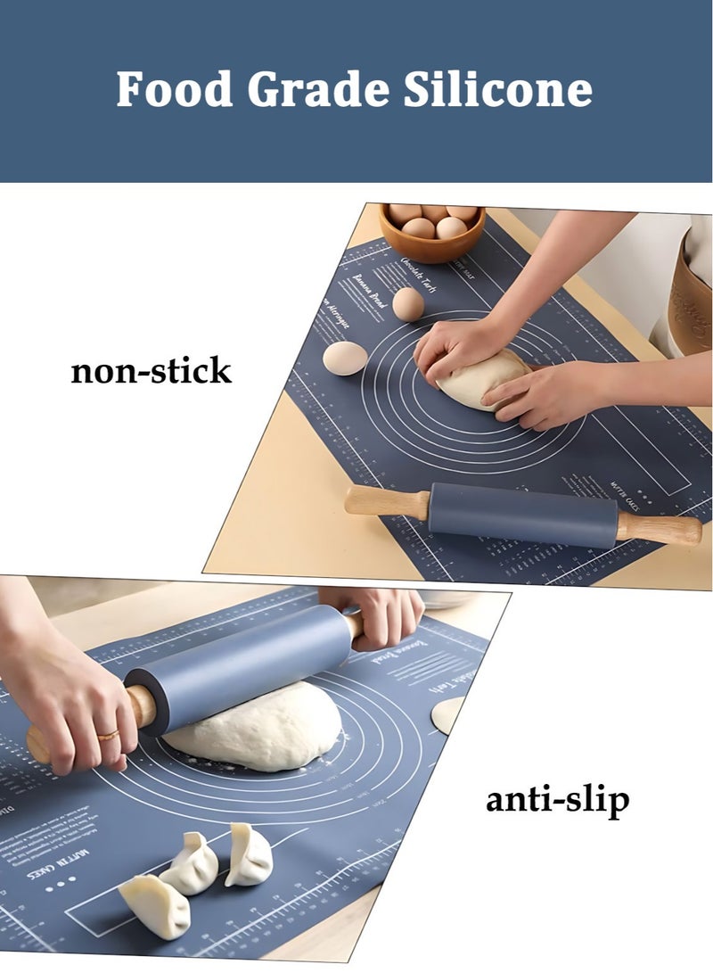 2 Pcs Silicone Baking Mat Set, Nonstick Bakeware Mats with Rolling Pin, Food Grade Silicone Dough Rolling Mat For Making Cookies, Dough Roller With Countertop Mat, 40*60 CM Blue  - Image 4