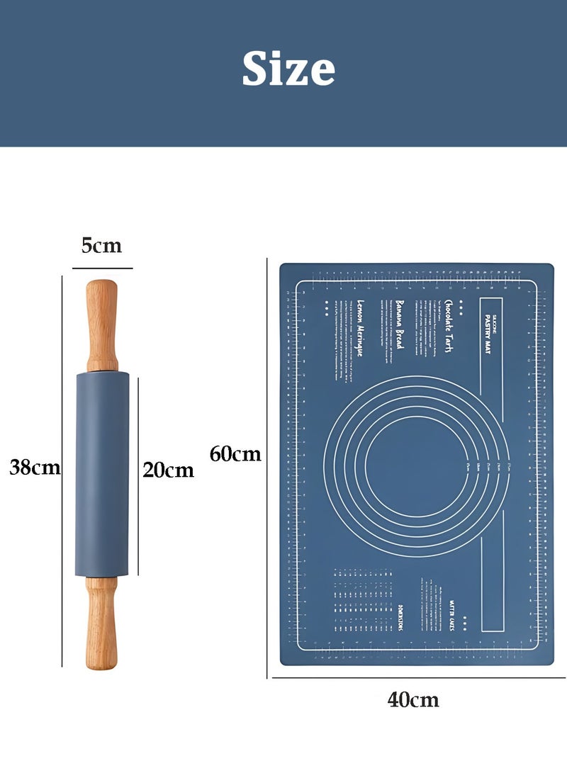 2 Pcs Silicone Baking Mat Set, Nonstick Bakeware Mats with Rolling Pin, Food Grade Silicone Dough Rolling Mat For Making Cookies, Dough Roller With Countertop Mat, 40*60 CM Blue  - Image 5