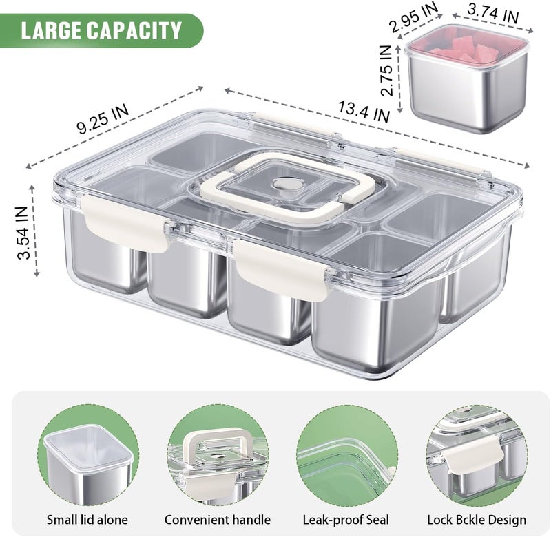 DAOTENGQL Stainless Steel Snackle Box, 8 Compartment Divided Serving Tray with Lid & Handle, Portable BPA-Free Snack Box for Fruits, Nuts & Veggies, Keep Food Fresh & Organized, Ideal for Travel,Picnic & Beach - Image 2