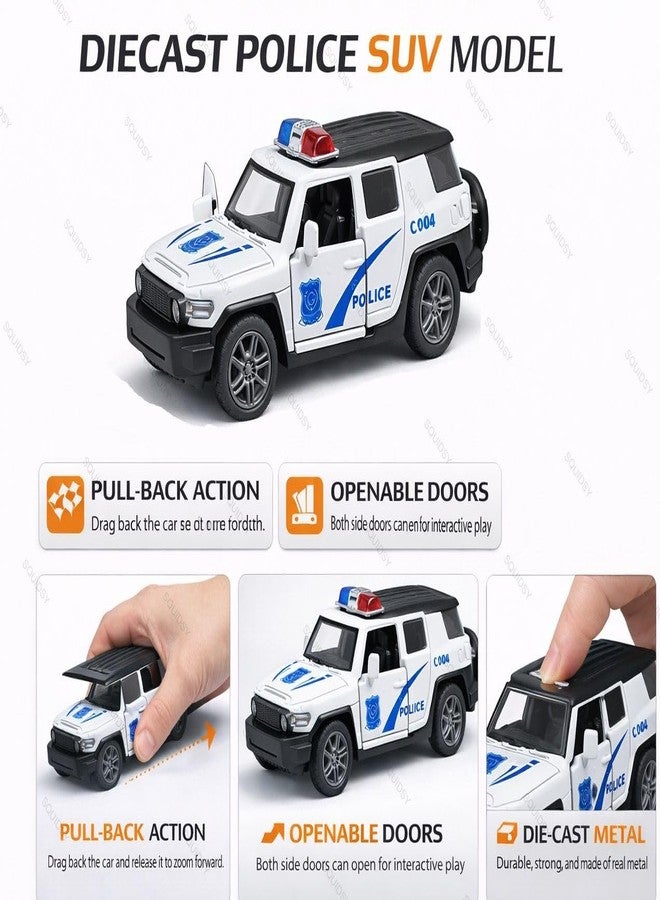 SQUIDSY 1:36 Scale Mini Indian Police Car Model – Die-Cast Metal Pull Back Vehicle with Openable Doors – Alloy Police Toy Car for Kids, Boys & Collectors (White) - Image 4