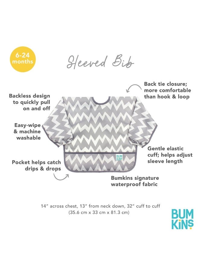 Bumkins Sleeved Bib for Girl or Boy, Baby and Toddler for 6-24 Mos, Essential Must Have for Eating, Feeding, Baby Led Weaning Supplies, Long Sleeve Mess Saving Food Catcher, Soft Fabric, Gray Chevron - Image 5
