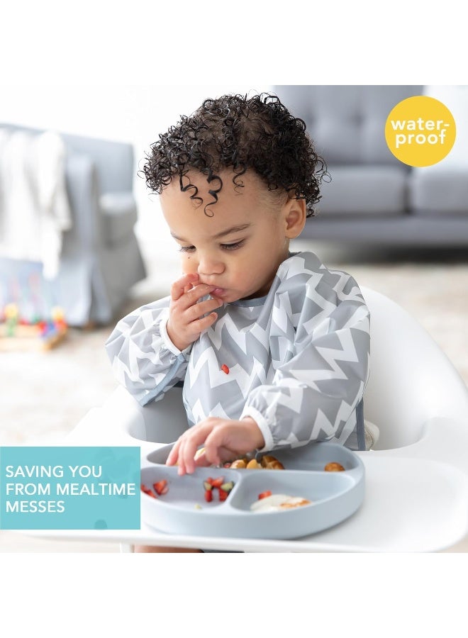 Bumkins Sleeved Bib for Girl or Boy, Baby and Toddler for 6-24 Mos, Essential Must Have for Eating, Feeding, Baby Led Weaning Supplies, Long Sleeve Mess Saving Food Catcher, Soft Fabric, Gray Chevron - Image 2