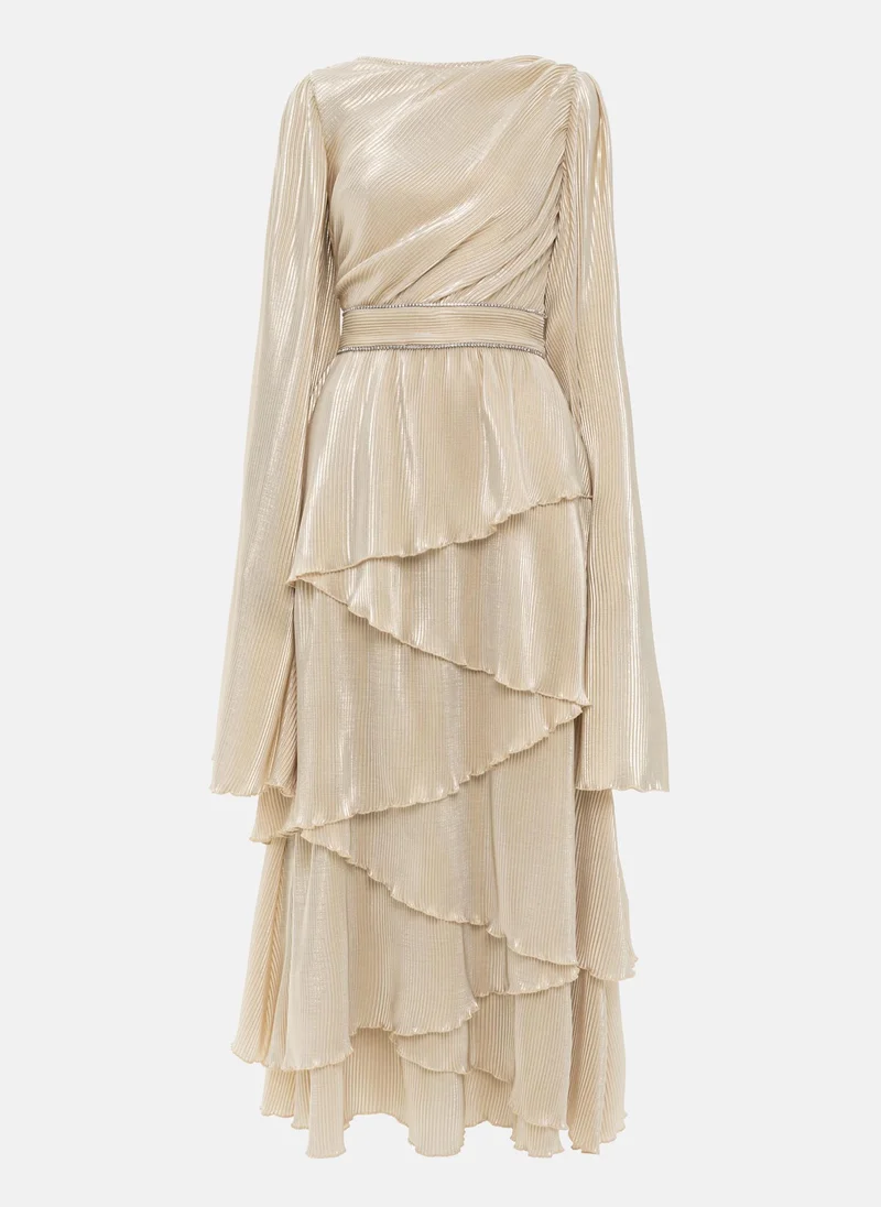 Lichi Pleated maxi dress with layered skirt and rhinestone decor at the waist
