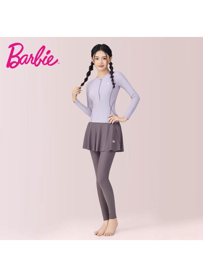 Barbie بدلة سباحة مكونة من قطعتين للنساء من باربي، بلوزة طويلة الأكمام بتصميم تنورة محافظة وسروال طويل، عالية الخصر، تخفي البطن، تنحيف، مجموعة ملابس سباحة مكونة من قطعتين للركمجة وعطلة الشاطئ - Image 1