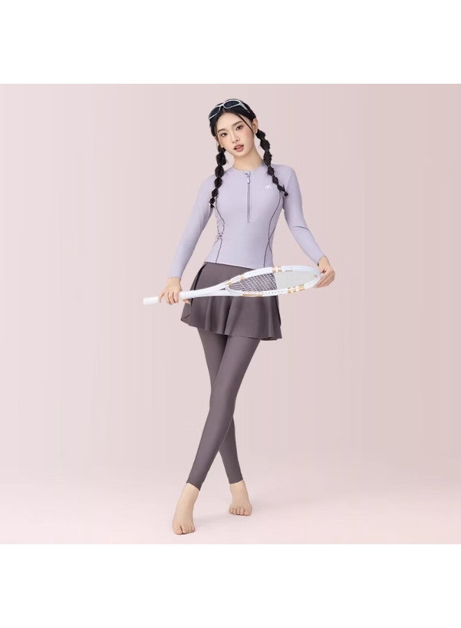 Barbie بدلة سباحة مكونة من قطعتين للنساء من باربي، بلوزة طويلة الأكمام بتصميم تنورة محافظة وسروال طويل، عالية الخصر، تخفي البطن، تنحيف، مجموعة ملابس سباحة مكونة من قطعتين للركمجة وعطلة الشاطئ - Image 3