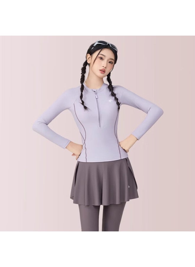 Barbie بدلة سباحة مكونة من قطعتين للنساء من باربي، بلوزة طويلة الأكمام بتصميم تنورة محافظة وسروال طويل، عالية الخصر، تخفي البطن، تنحيف، مجموعة ملابس سباحة مكونة من قطعتين للركمجة وعطلة الشاطئ - Image 2