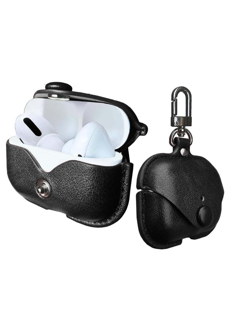 Wtech - Apple Airpods 4 Genuine Leather Vintage Portable Shockproof Protective Cover With Loss Prevention Clip - Black - Image 1