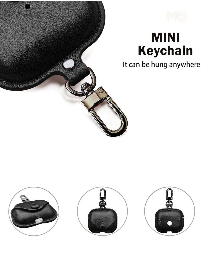 Wtech - Apple Airpods 4 Genuine Leather Vintage Portable Shockproof Protective Cover With Loss Prevention Clip - Black - Image 1