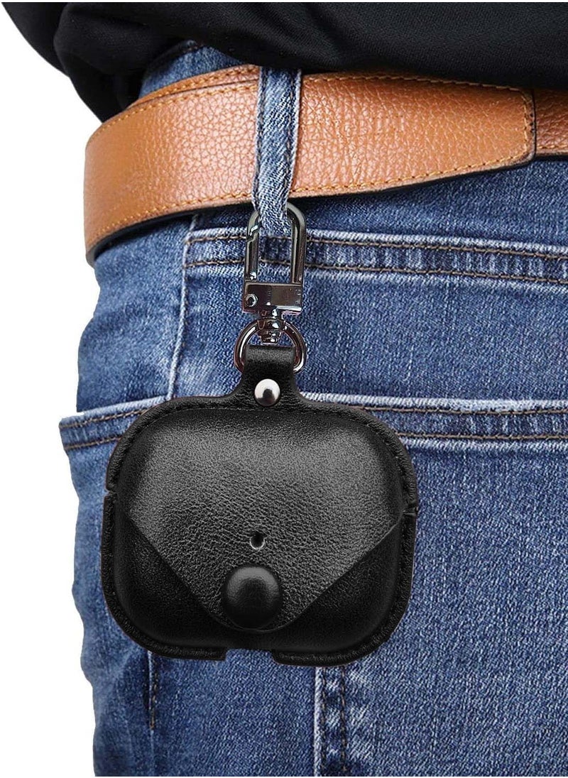 Wtech - Apple Airpods 4 Genuine Leather Vintage Portable Shockproof Protective Cover With Loss Prevention Clip - Black - Image 1