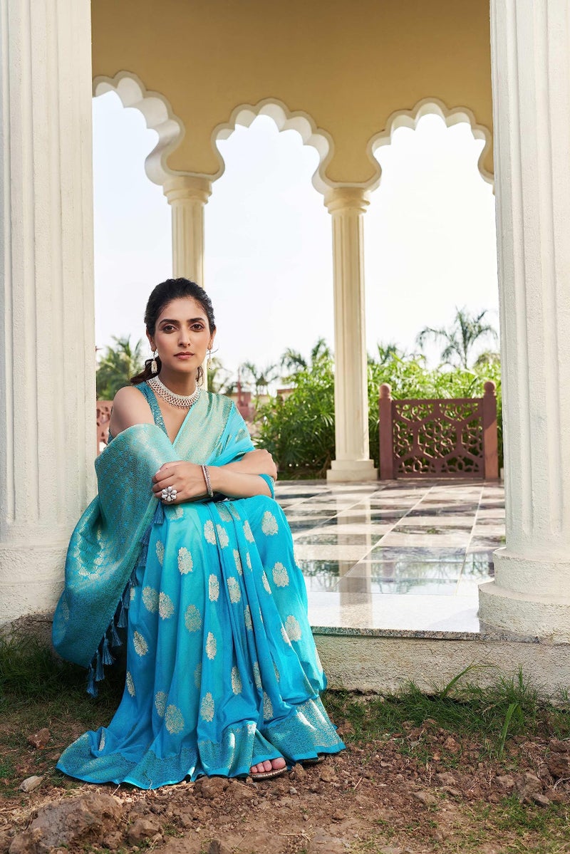 Vardha Women Banarasi Georgette Woven Work Half & Half Saree For Women With Gold Zari Border & Unstitched Blouse Piece Aqua Blue Sari Mahika, 675 - Image 2