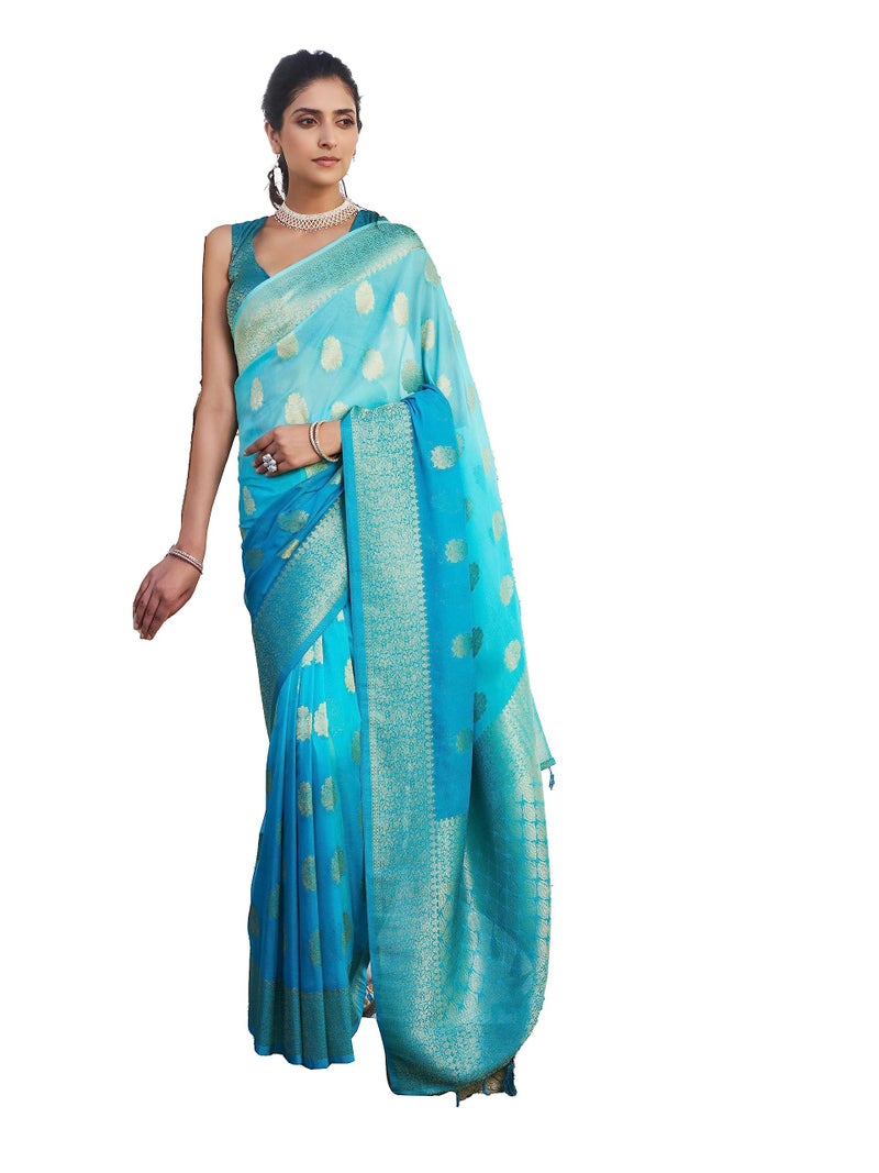 Vardha Women Banarasi Georgette Woven Work Half & Half Saree For Women With Gold Zari Border & Unstitched Blouse Piece Aqua Blue Sari Mahika, 675 - Image 5