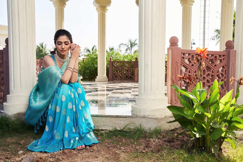 Vardha Women Banarasi Georgette Woven Work Half & Half Saree For Women With Gold Zari Border & Unstitched Blouse Piece Aqua Blue Sari Mahika, 675 - Image 3