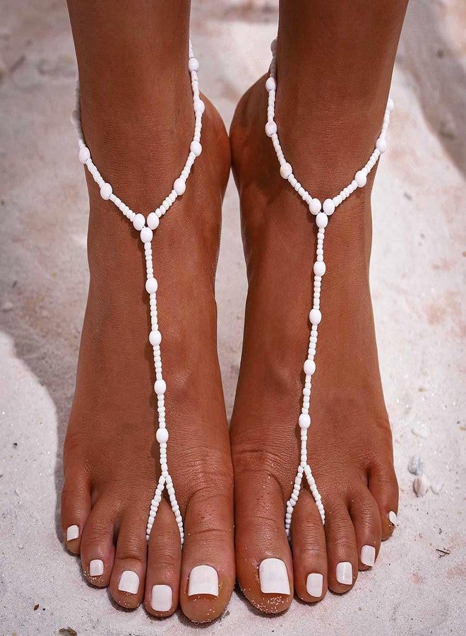 Aularso Beaded Barefoot Sandals Boho Ankle Bracelets Pearl Toe Ring Foot Chain Beach Foot Chain for Women (White)(2PCS) - Image 2