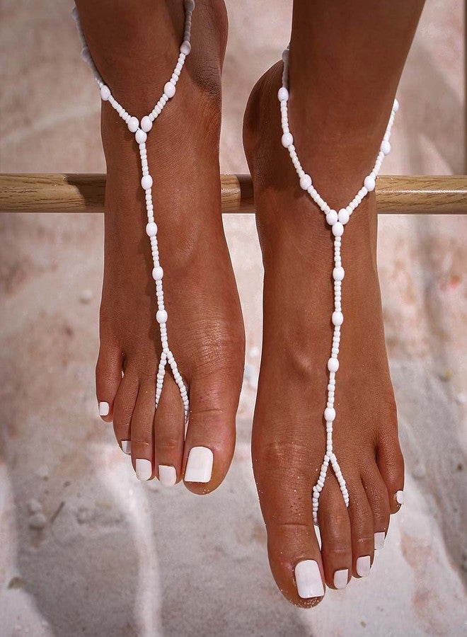 Aularso Beaded Barefoot Sandals Boho Ankle Bracelets Pearl Toe Ring Foot Chain Beach Foot Chain for Women (White)(2PCS) - Image 4
