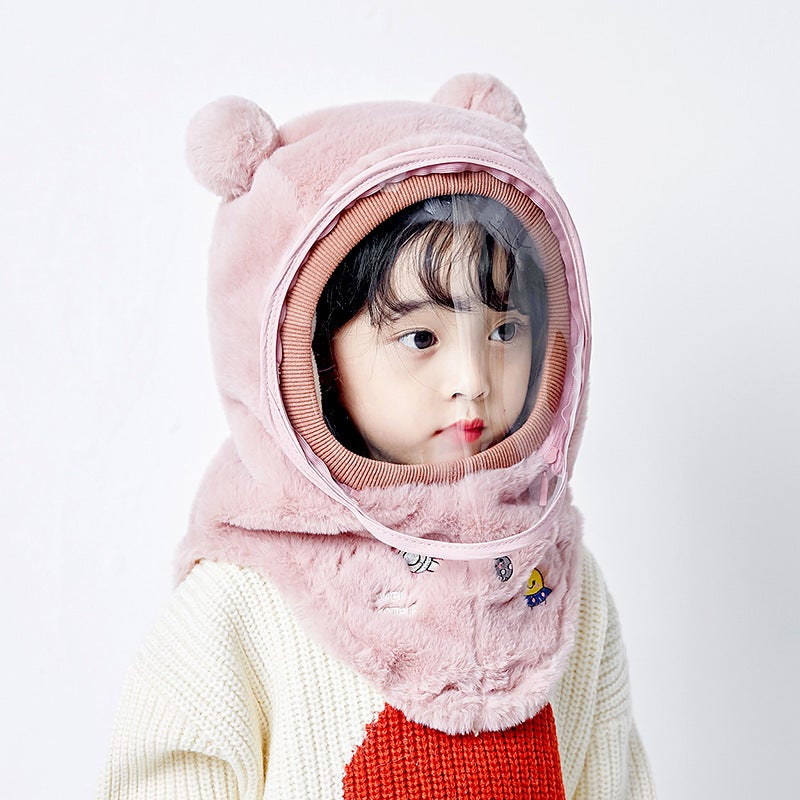 Kids Winter Warm Windproof Masked Beanie Set Pink-Planet (Mask Removable) 