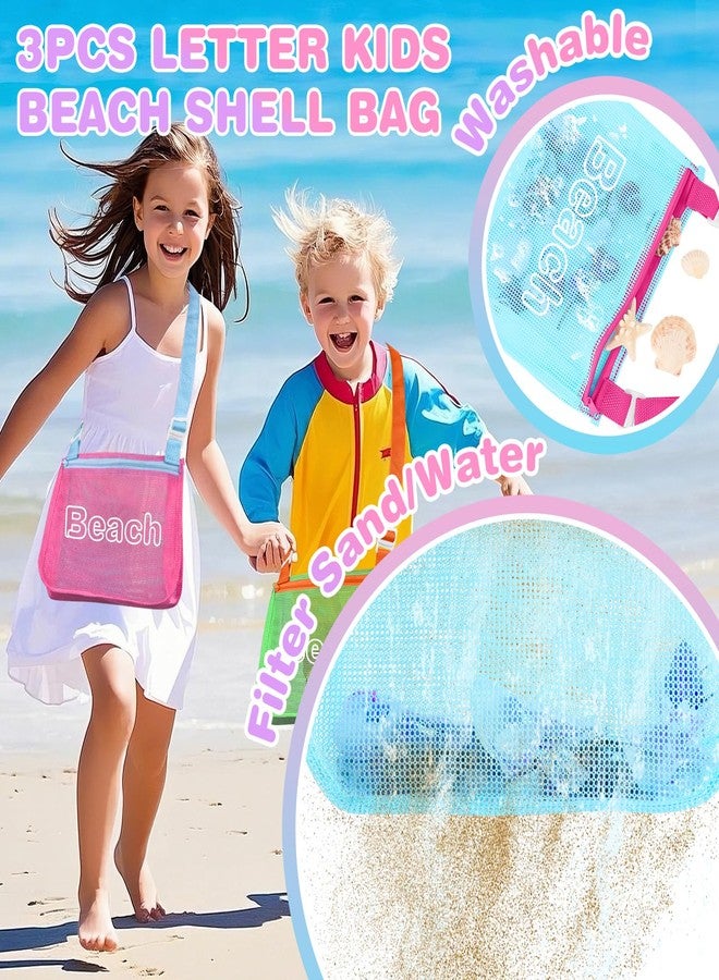 حقيبة شاطئ للأطفال مكونة من 3 قطع على شكل حرف صدفة، حقيبة شاطئ شبكية بسحاب من الصدف، حقيبة لجمع الأصداف مع أشرطة قابلة للتعديل، ألعاب رملية، ملحقات سباحة، هدية للبنات والأولاد والمراهقين (الشاطئ) - Image 4