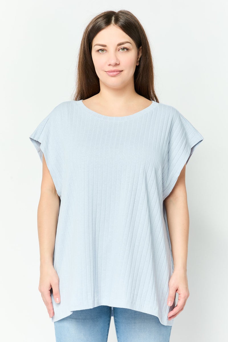 NAH/ Studio Women Crew Neck Cap Sleeves Textured Top, Washed Blue - Image 1