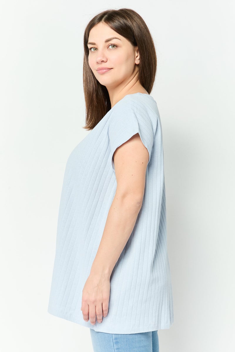 NAH/ Studio Women Crew Neck Cap Sleeves Textured Top, Washed Blue - Image 3