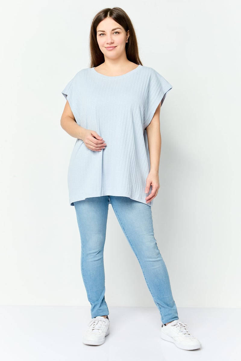 NAH/ Studio Women Crew Neck Cap Sleeves Textured Top, Washed Blue - Image 2