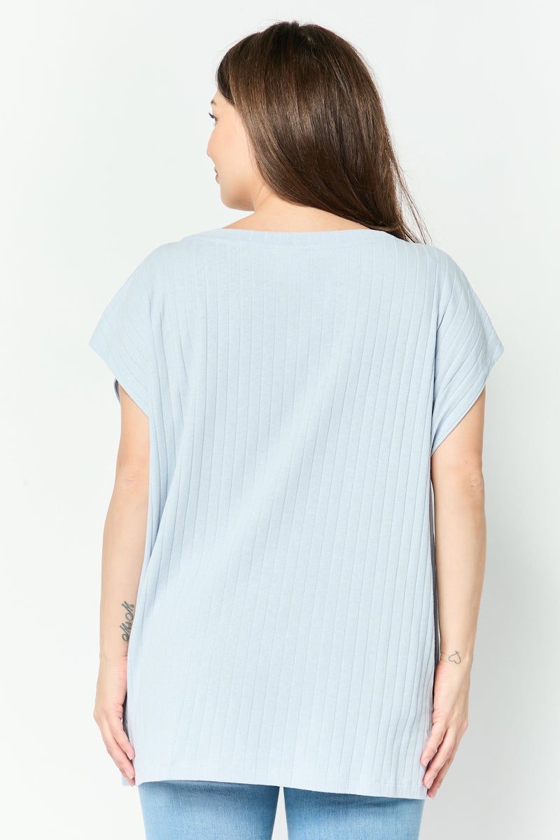 NAH/ Studio Women Crew Neck Cap Sleeves Textured Top, Washed Blue - Image 4