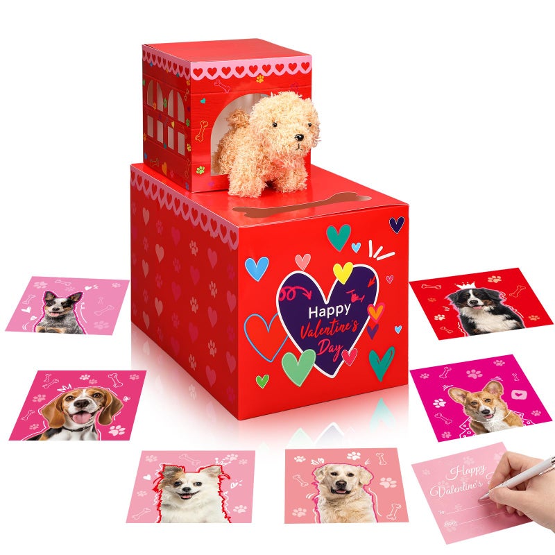 Leitee 2 Pcs DIY Valentines Mailbox Craft with 24pcs Valentines Greeting Puppy Doll Valentines Day Card Exchange Dog Puppy Mailbox for Classroom Exchange Gift Game Valentines Day School Party Favors - Image 3