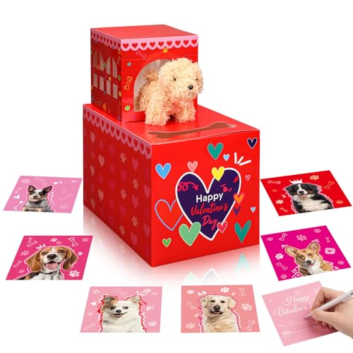 Leitee 2 Pcs DIY Valentines Mailbox Craft with 24pcs Valentines Greeting Puppy Doll Valentines Day Card Exchange Dog Puppy Mailbox for Classroom Exchange Gift Game Valentines Day School Party Favors - Image 1