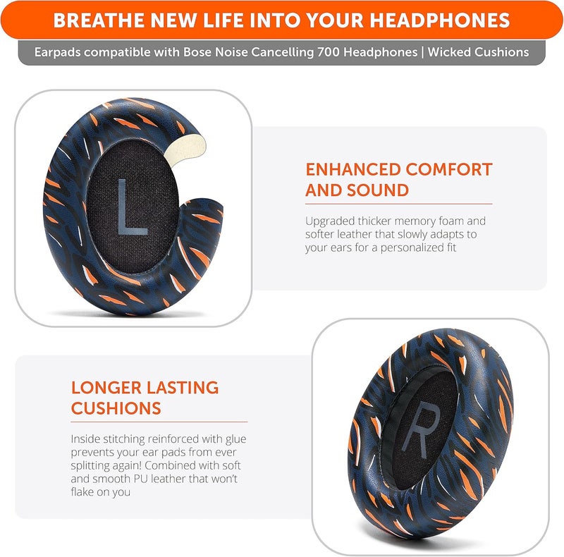 WC Wicked Cushions Upgraded Replacement Ear Pads for Bose 700 Noise Cancelling Headphones (NC700) - Softer PU Leather, Luxurious Memory Foam, Added Thickness, Extra Durable Ear Cushions |Navy Tiger - Image 4