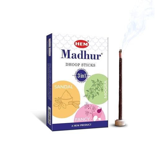 HEM Madhur 3-in-1 Bambooless Dhoop Sticks | Charcoal-Free | Sandal, Mogara & Fancy Fragrances | Approx. 32 Sticks | Long-Lasting Aroma | Sacred Rituals, Meditation, Relaxation | Burns 35-40 Min | 100g - Image 1