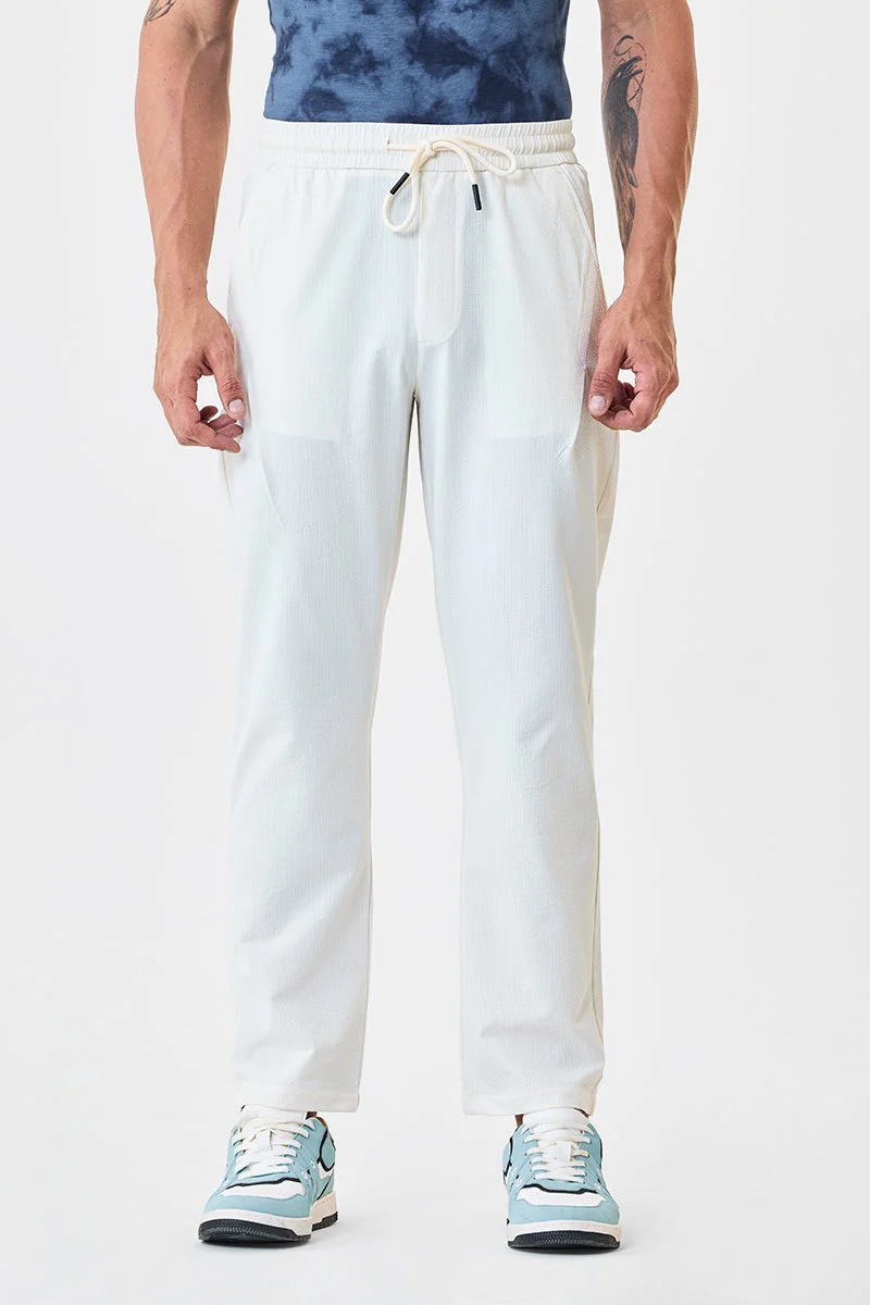 SNITCH Off White Textured Relaxed Fit Trousers for Men | Best Price UAE