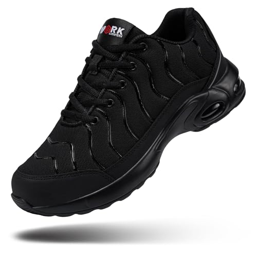 DYKHMILY Steel Toe Sneakers for Men Wide Air Cushion Work Shoes Puncture Proof Lightweight Safety Sneakers Breathable Slip Resistant Steel Toe Tennis Shoe Comfort(8.5 Wide,Black,LSE31270) - Image 1