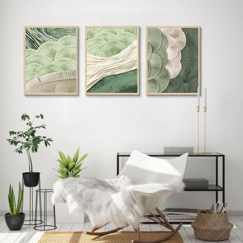 LOARTVE 3 Pieces Abstract Green Wall Art Mid Century Texture Wall Decor Posters Modern Minimalist Pictures Sage Green Ginkgo Leaf Canvas Paintings Prints for Bedroom Living Room - Image 2